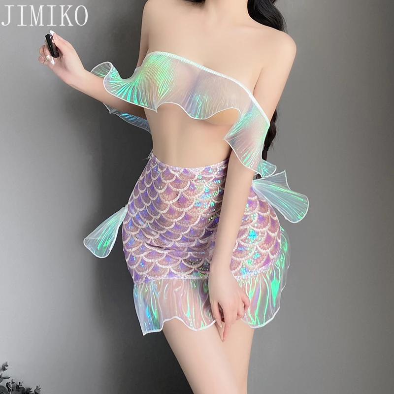 Женский аниме косплей купальник вечерние рыбья чешуя принт сетка с рюшами подол