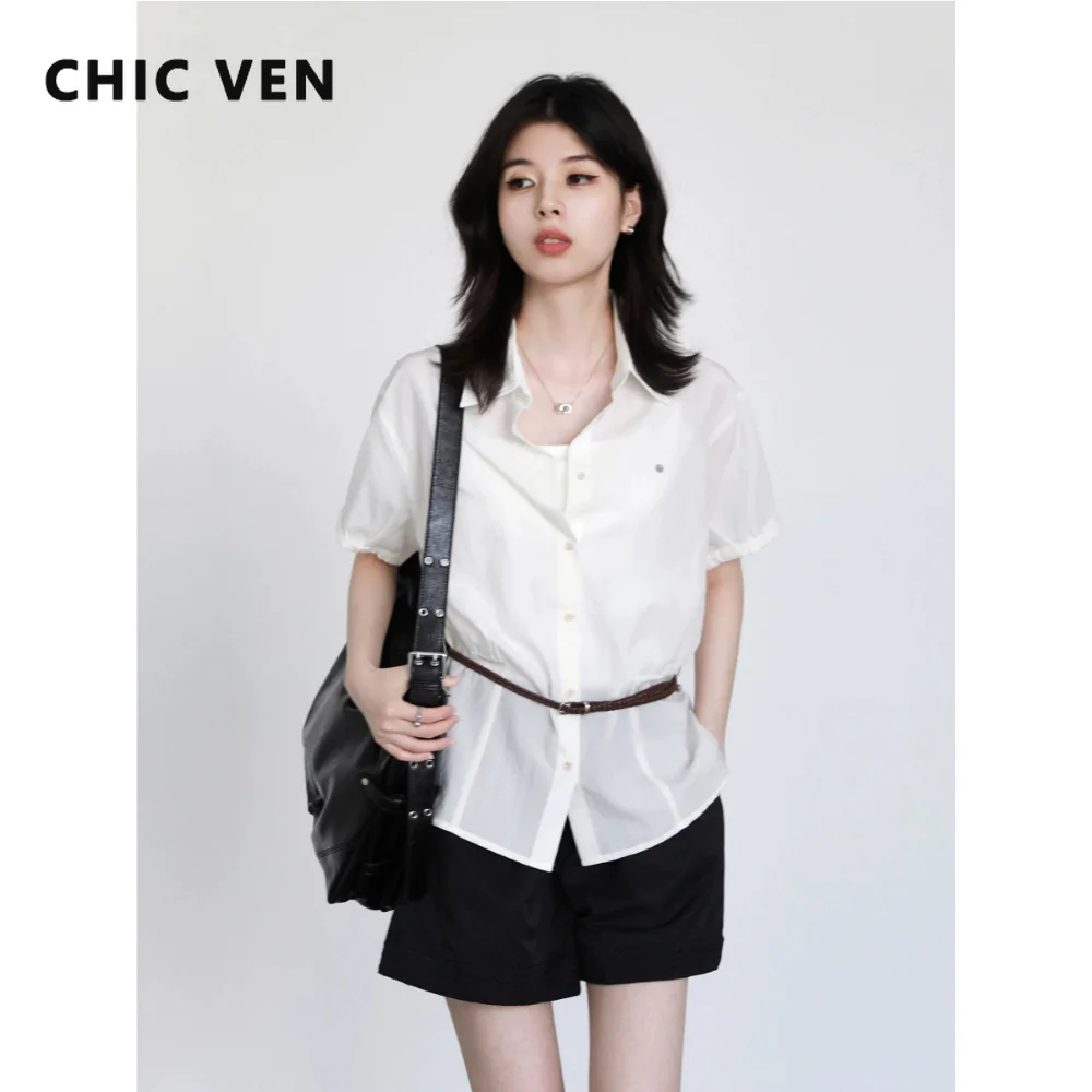 Фото Модная женская рубашка CHIC VEN: Новинка, однобортная, свободного кроя, с коротким рукавом, однотонная, новый дизайн, летняя блузка-пальто 2026 №1