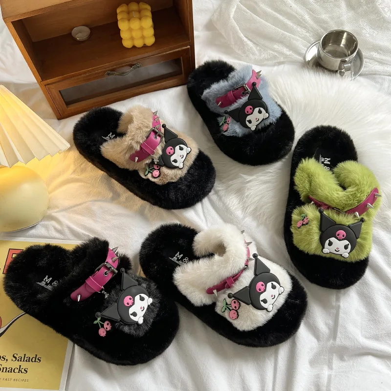 

Сандалии Sanrio Kuromi женские плюшевые, хлопковые босоножки с ремнем ивы, переносные теплые тапочки на толстой подошве, с мультяшным аниме, для улицы и дома, зима