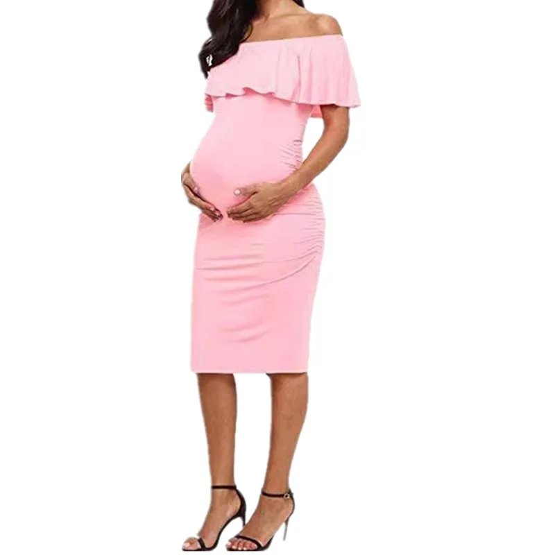 Grosfairy Pregnancy Maternity Dresses Photo Shoot Off Shoulder Summer Baby Shower Dress Ruffles Clothes for Pregnant Women