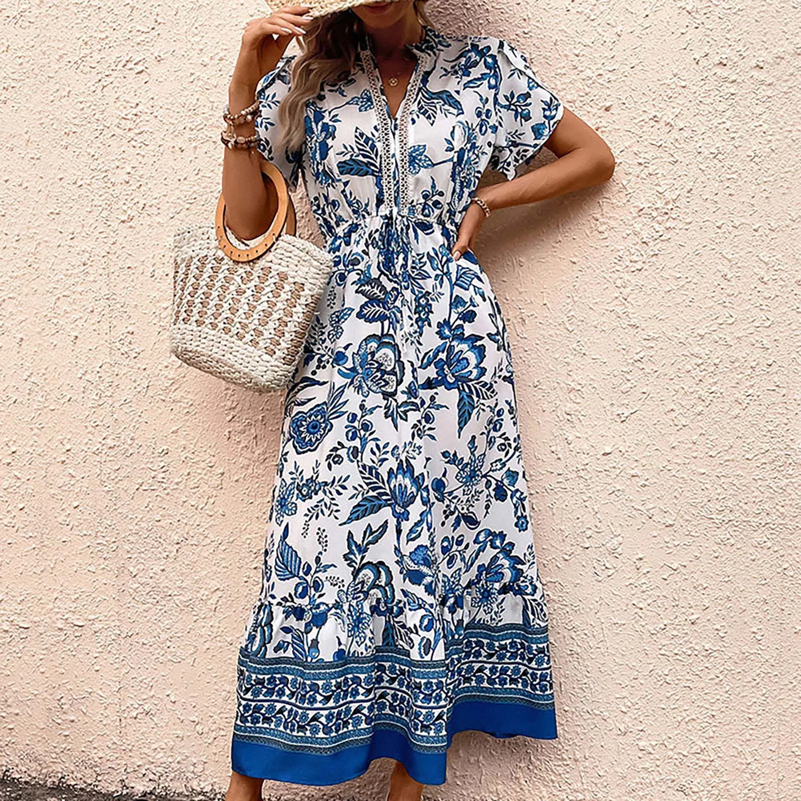 

Women Prints Casual V Neck Short Sleeved A Line Beach Long Robe Dress Rose Skater Dress