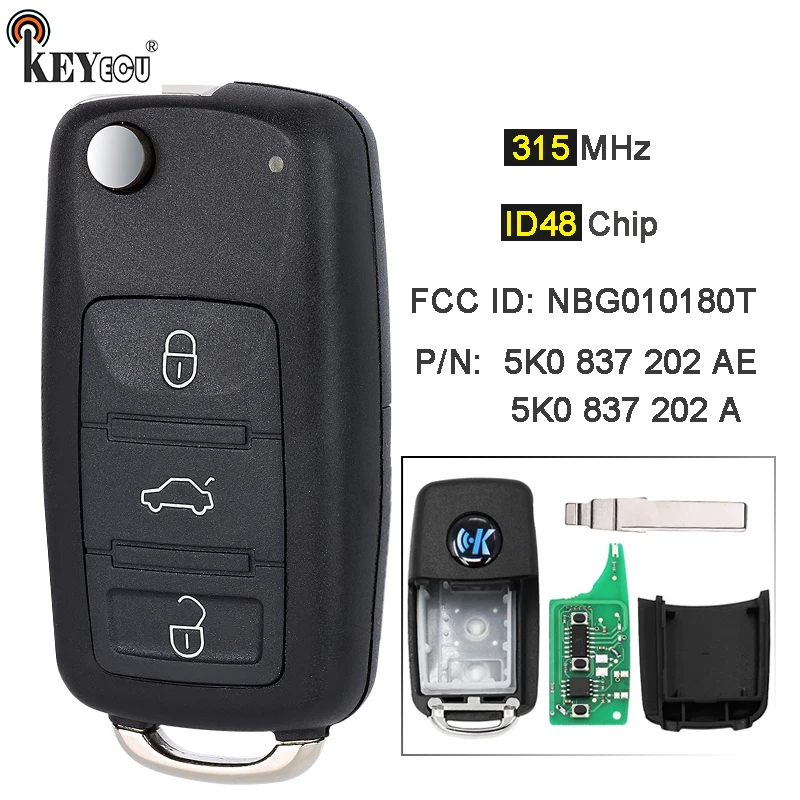 KEYECU 315 МГц ID48 чип NBG010180T 5K0 837 202 A / AE дистанционный брелок для Volkswagen Golf GTI Jetta Touareg Passat