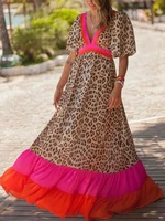 wyblz spring summer sexy deep v neck leopard print colorblock dress retro long party dress fashion lantern sleeve loose dresses