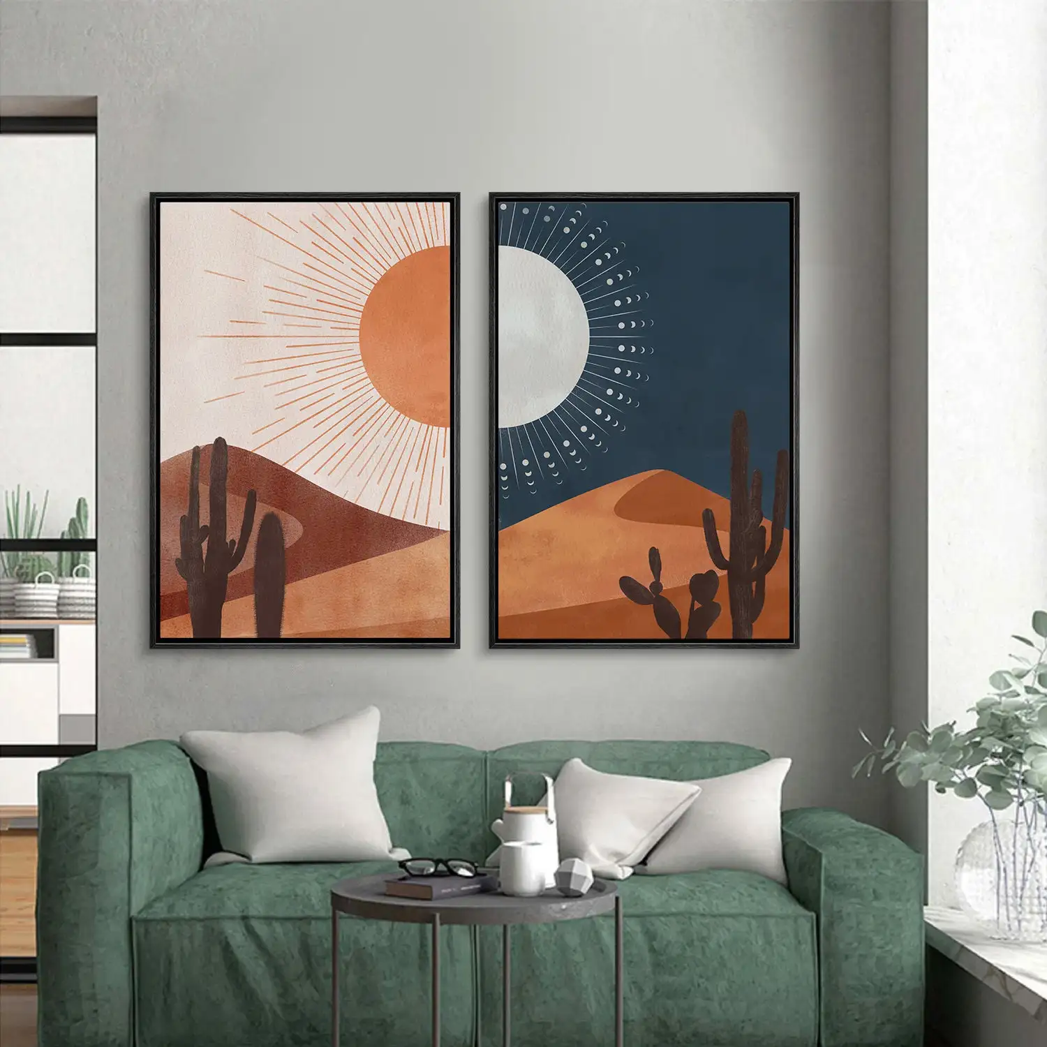 2 шт. настенные картины на холсте солнце и луна кактус пустыня пейзаж Юго-Западный