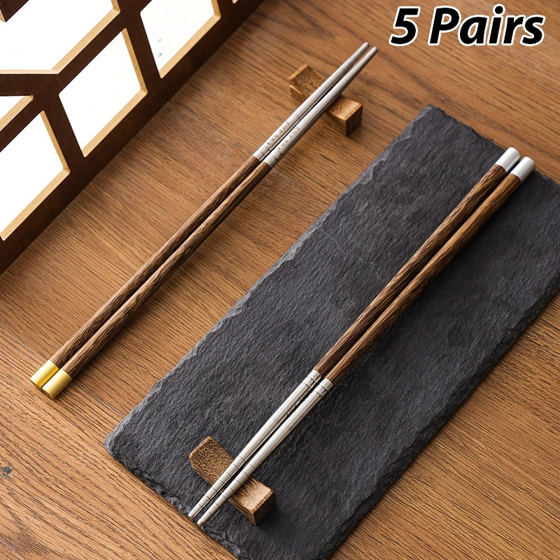 

5 Pairs Chicken Wing Wood Chopsticks 304 Stainless Steel Splicing Non-Slip Wooden Unpainted Chopsticks Chinese Fu Tableware