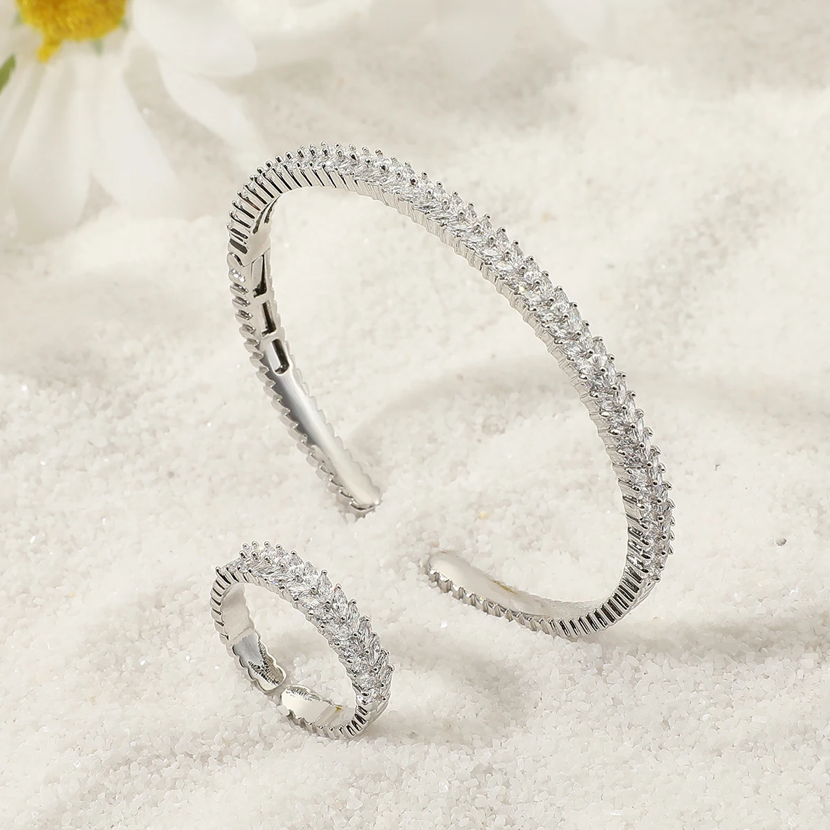 Модный умный Браслет-Багет с кубическим цирконием AAA и кольцо геометрический