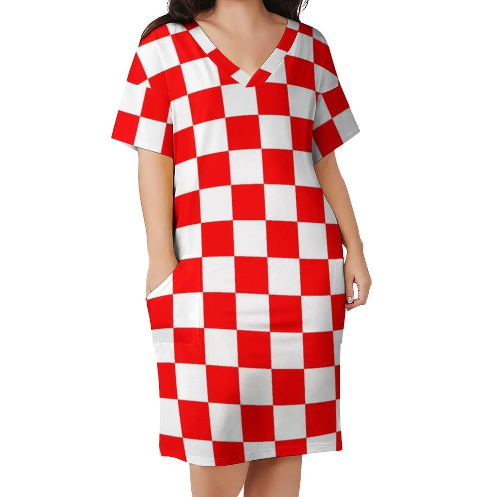 

Croatian Checkerboard Dress Plus Size Red White Square Basic Casual Dress Female Summer V Neck Sexy Dresses Gift Idea