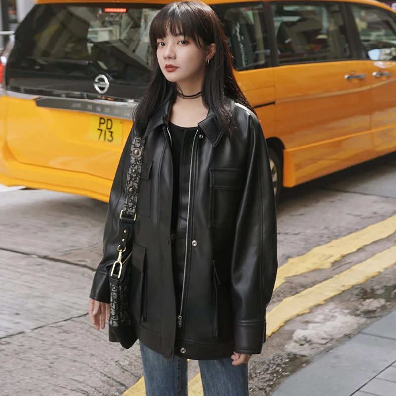 Mid Length Leather Coat Women's Autumn  Winter Korean Locomotive BF Loose Port Pu Winter Style Oversize Jacket Y2k Girl Top