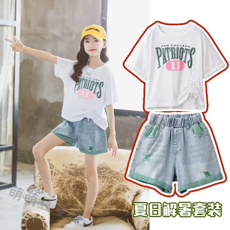 

Girls' Summer New 2023 T-shirt Short Sleeve Children Denim Shorts Top Lettered Casual Western Style Kids Two-piece Suit