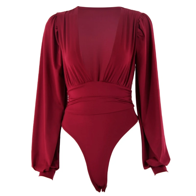 

Women Autumn Vintage Puff Long Sleeve Bodysuit Sexy Plunge Deep V-Neck Solid Color Leotard Bodycon High Cut One-Piece Jumpsuit