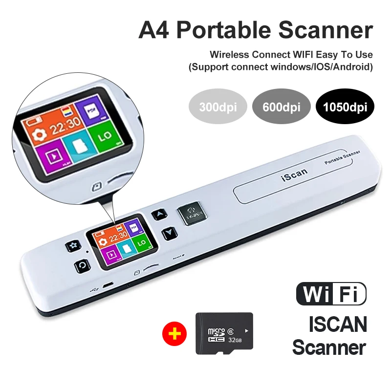 A4 Mini Iscan Portable Document & Images Photo Scanner WiFi 1050 DPI JPG/PDF Handheld High Speed Scanner For School Business Use