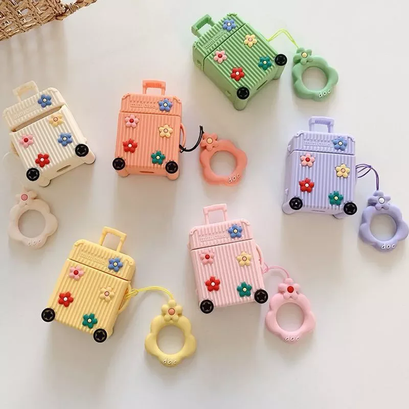 

Fashion 3D Cute Flower Suitcase Luggage Bag Case for Airpods 2 Floral Trunk Wireless Earphone Protective Cover