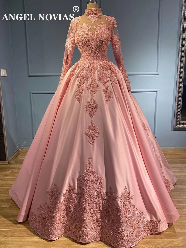 

Long Sleeves Pink Muslim Ball Gown Wedding Dresses High Neck Pealrs Beading Dubai Vestido de Novia Bridal Gowns