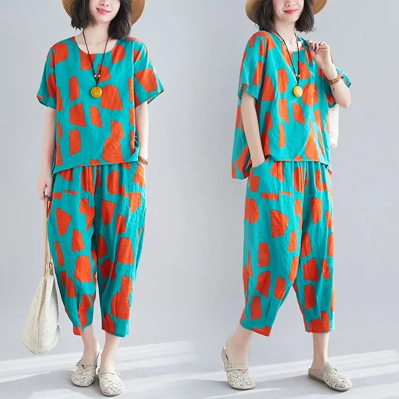 

2022 Summer Large Size Women 2 Piece Set New Loose Print Short-sleeved T-shirt + Pants Middle-aged Mother Cotton Suit 4XL F68