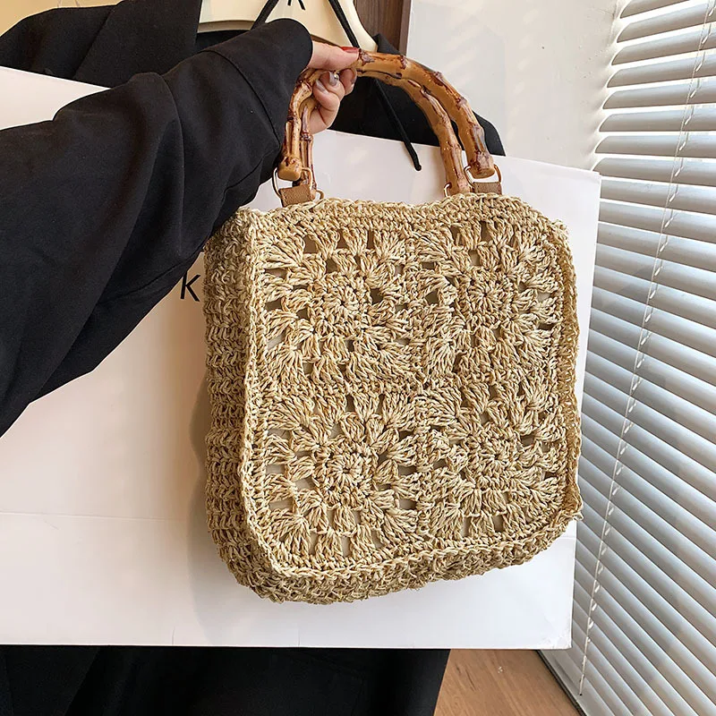 

Соломенные сумки для женщин, вместительные пляжные тоуты с бамбуковыми ручками, дорожные простые плетеные сумки для покупок