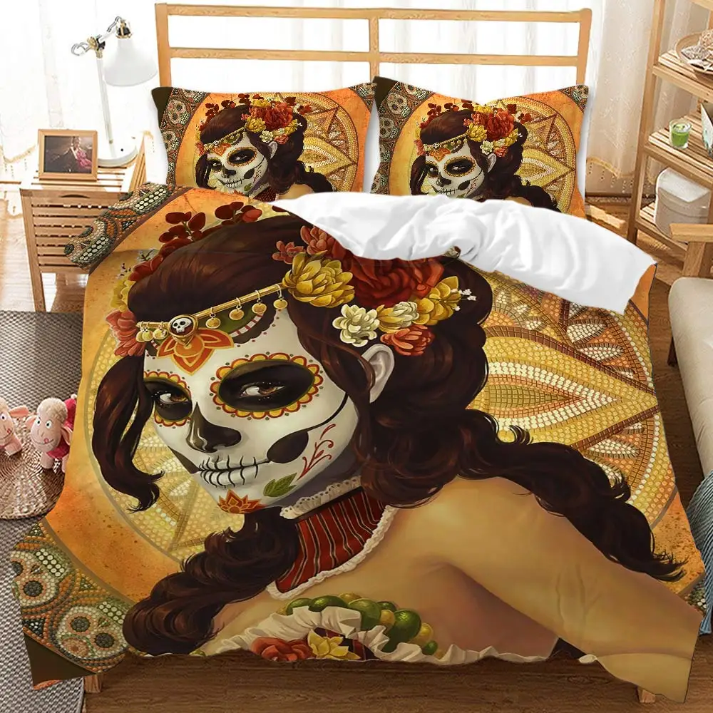 

Gothic Skull Comforter Cover Adult Women Flower Decor Bedding Set King Queen Size Sugar Skull Polyester Duvet Cover Skeleton