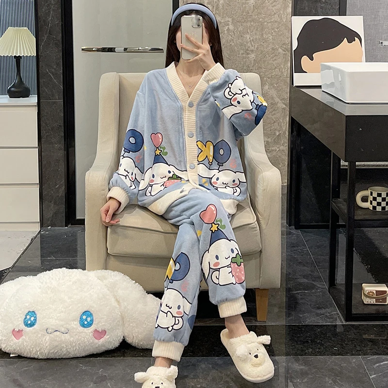 Winter Warm Women Cardigan Cartoon Coral Velvet  Loose Pajamas Suit Long Sleeve Flannel Sleepwear Set Cute Home Wear Clothes