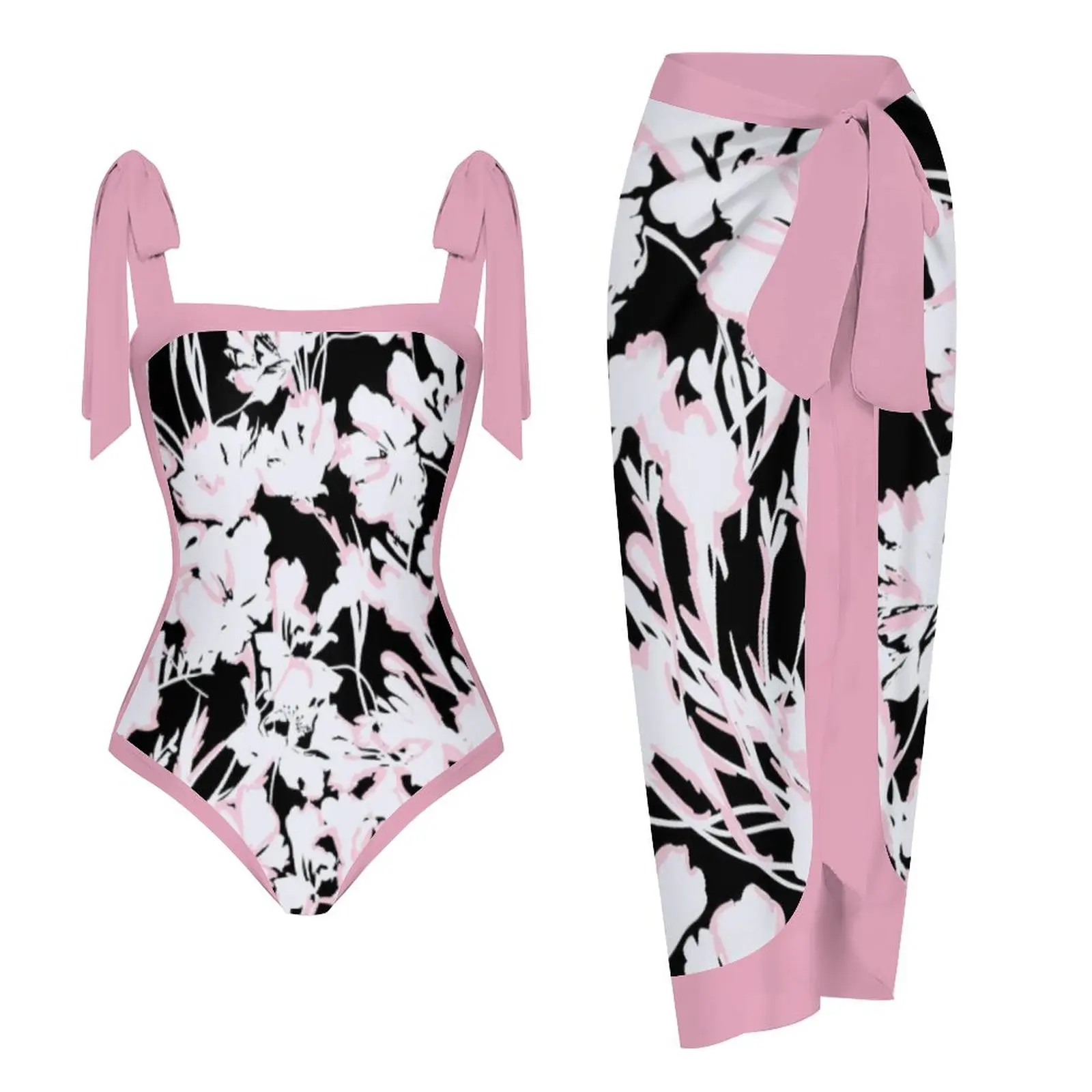 

2023 Pink Foliage Floral Women's 2 Pack Bikini Swimsuits With Dresses Bathing Suits Beach Long Cover Ups Skirt Swimwear Monokini