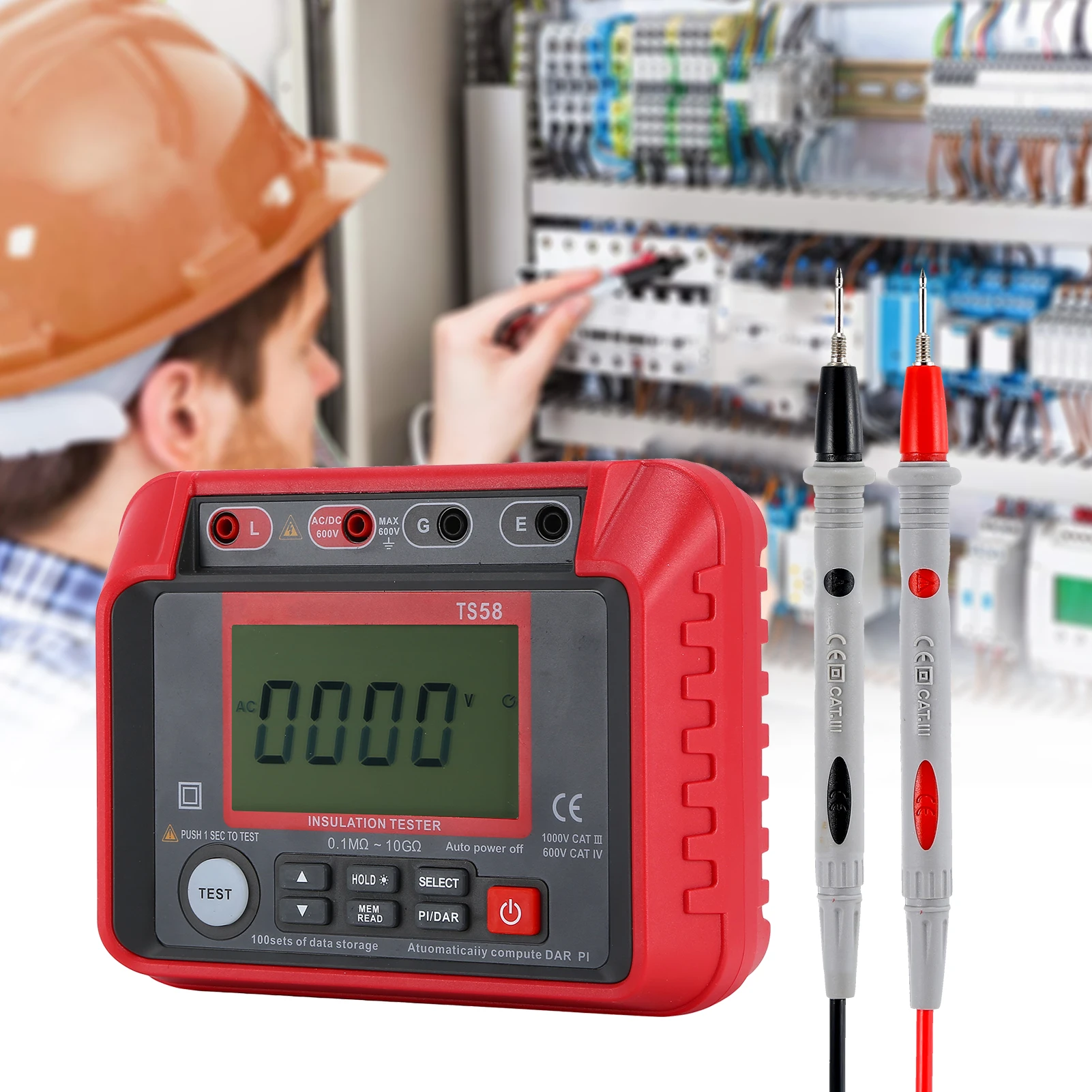 

TS58 Digital Insulation Resistance Tester 0.1MΩ-10GΩ Megohmmeter with LCD Backlit Display AC DC 10-600V with Zipper Bag