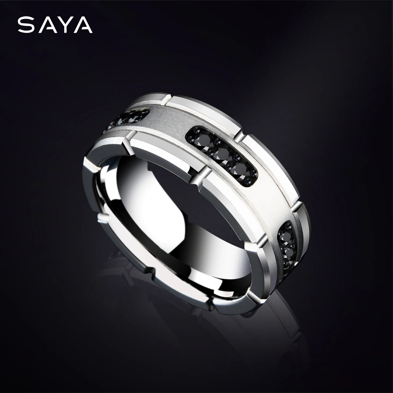 Ring for Men, Tungsten Rings, High Polished Inlay Black Stones for Wedding Band, Free Shipping, Customized