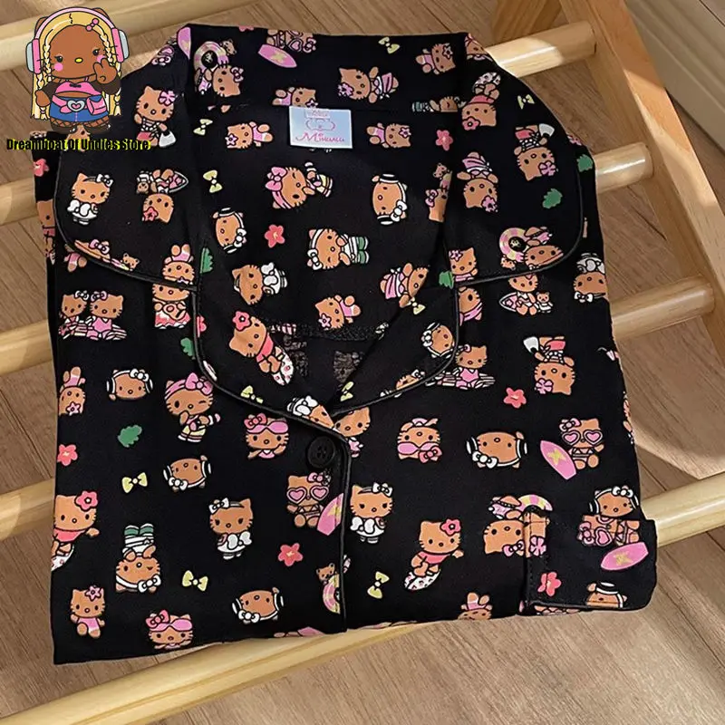Черная Гавайская Пижама Hellokitty для отпуска женские пижамные комплекты с длинным