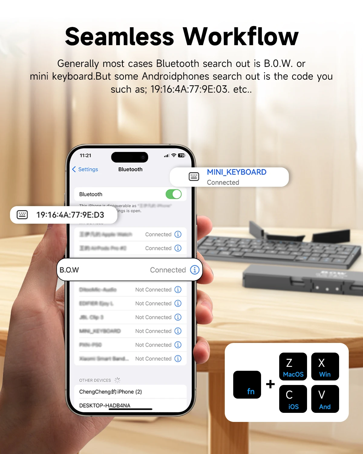Фото Складная BT-клавиатура с подставкой для iphone iPad, тихая мини-складная клавиатура из алюминиевого сплава BT, универсальная для Android, Windows, IOS №3