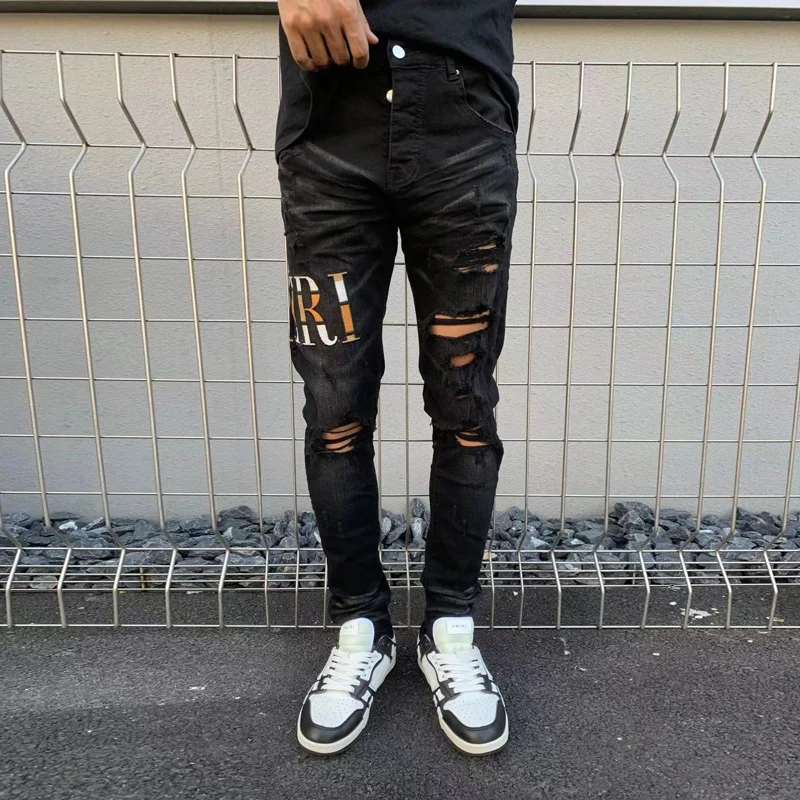 Street Fashion Men Jeans Buttons Fly Retro Black Gray Stretch Skinny Ripped Jeans Men Patch Designer Hip Hop Brand Pants Hombre