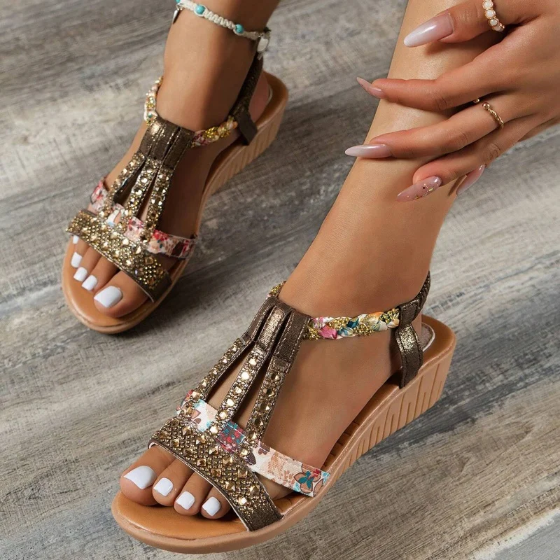 Women Wedge Sandals 2023 Summer New Bohemia Style High Heels Fashion Open Toe Rhinestones Elastic Strap Outdoor Dressy Sandals