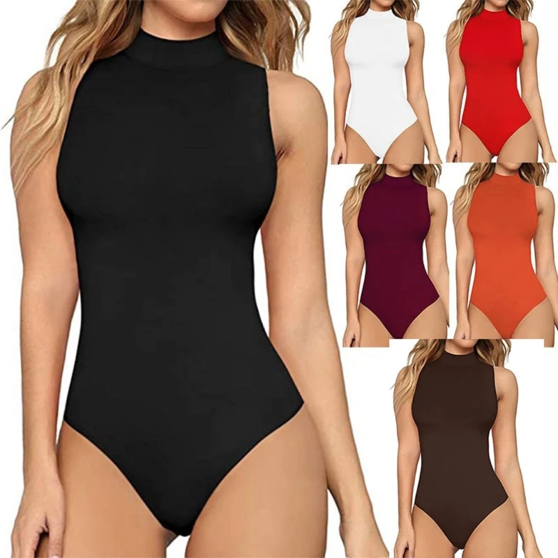 

F42F Women's Summer Sexy Sleeveless Mock Neck Bodysuit Tanks Top Jumpsuit