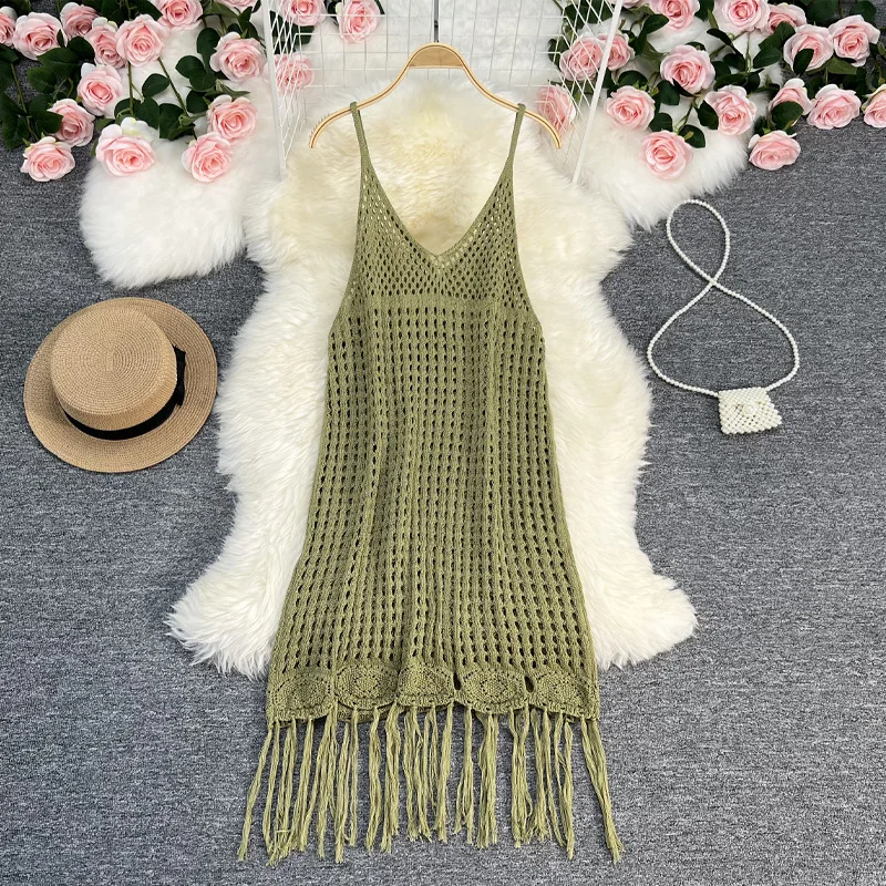 

Женское трикотажное платье evlook в богемном стиле, с вырезами и кисточками, с V-образным вырезом