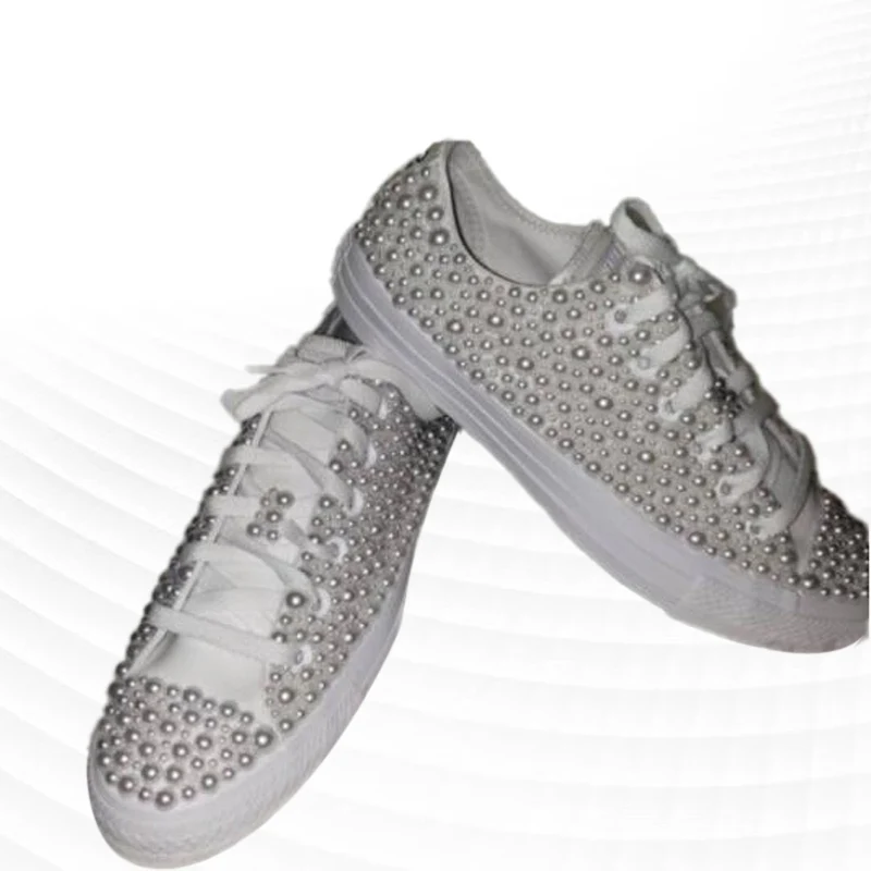 

Handmade custom pearl low-top canvas shoes niche casual all-match street shooting shoes ins tide large size 35-46