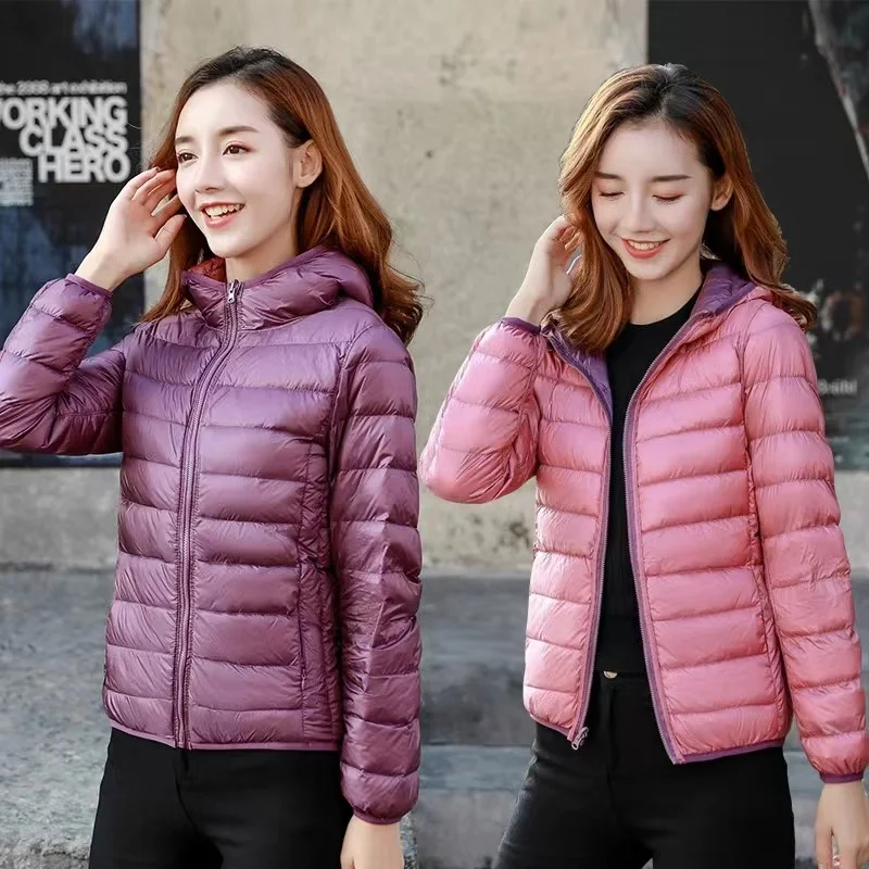 Пуховик женский ультралегкий двусторонний куртка с капюшоном и длинным рукавом