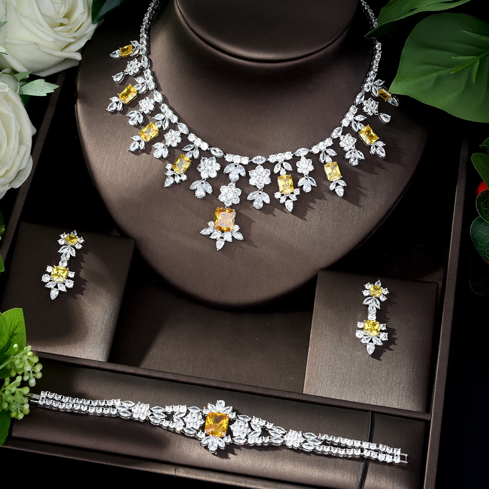 HIBRIDE 3 PCS Luxury Yellow Cubic Zirconia  Women Jewelrt Sets Bridal Fashion Jewelry Wedding Party Necklace Set N-335