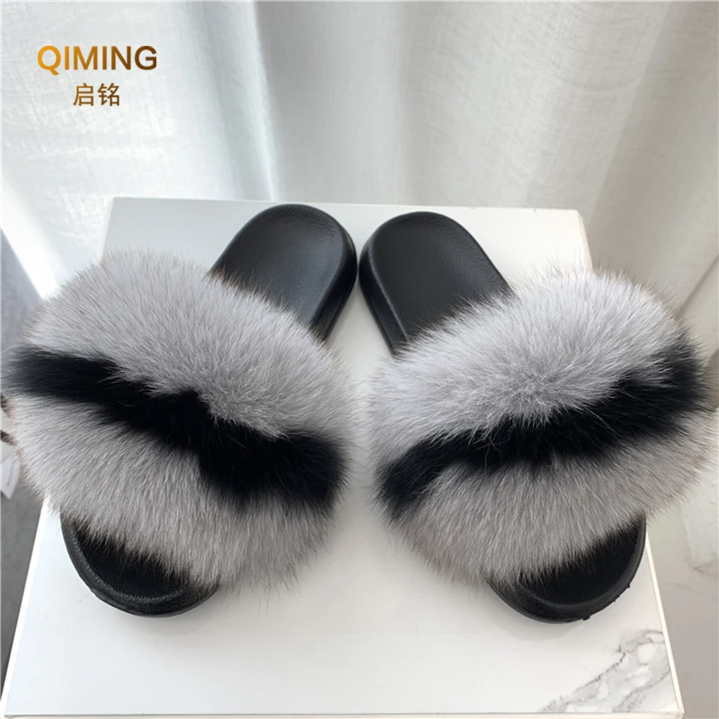 Summer Real Fur Slippers Women Fur Slides Woman Flip Flops Sandals Ladies Cute Fuzzy Fluffy Plush Fox Furry Slippers House Shoes