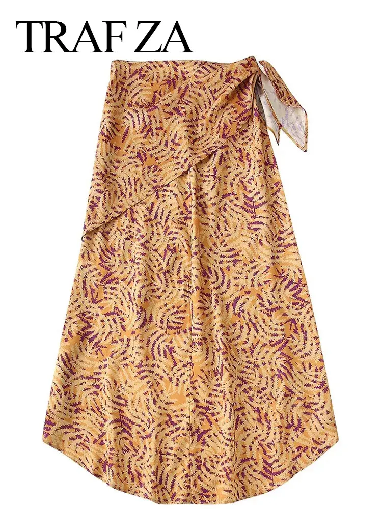 

TRAF ZA Fashion Printed Skirt Cross Slim Lace Up Skirt Bow Front Short Back Long Elegant Midi Skirt Coffee Color Summer Women