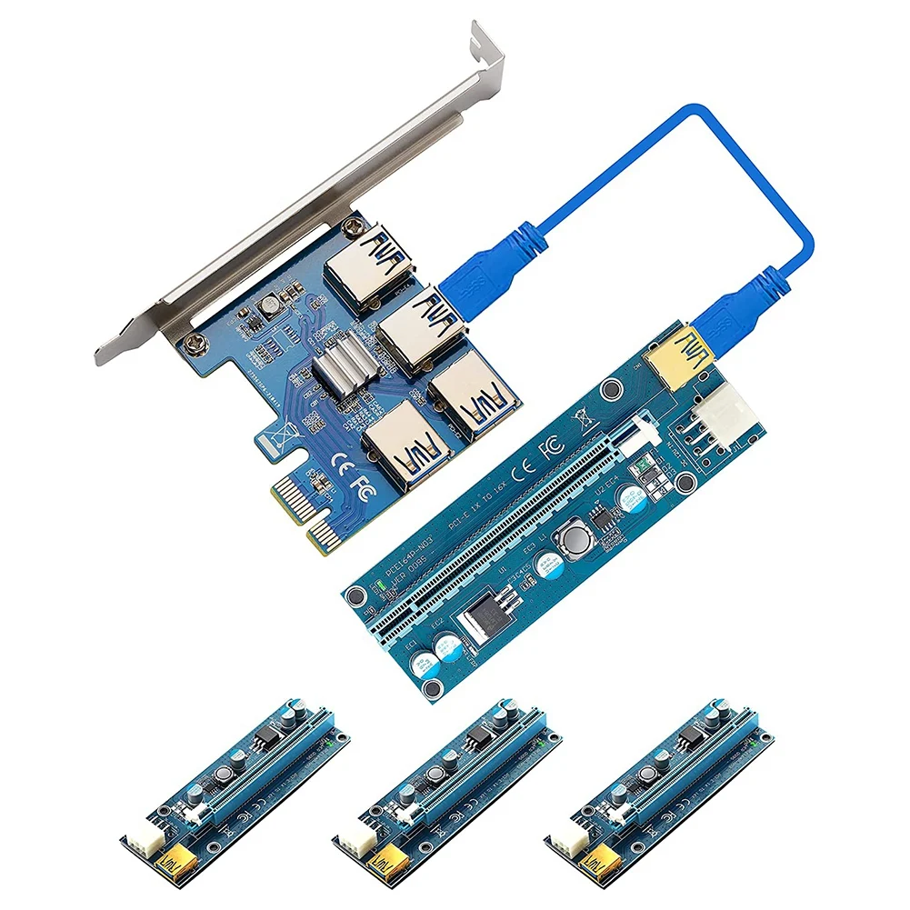 

Pcie Riser Card 1to 4 with PCIE Riser 16X to 1X Express Adapter Set, USB 3.0 for Litecoin Mining Ethereum Bitcoin