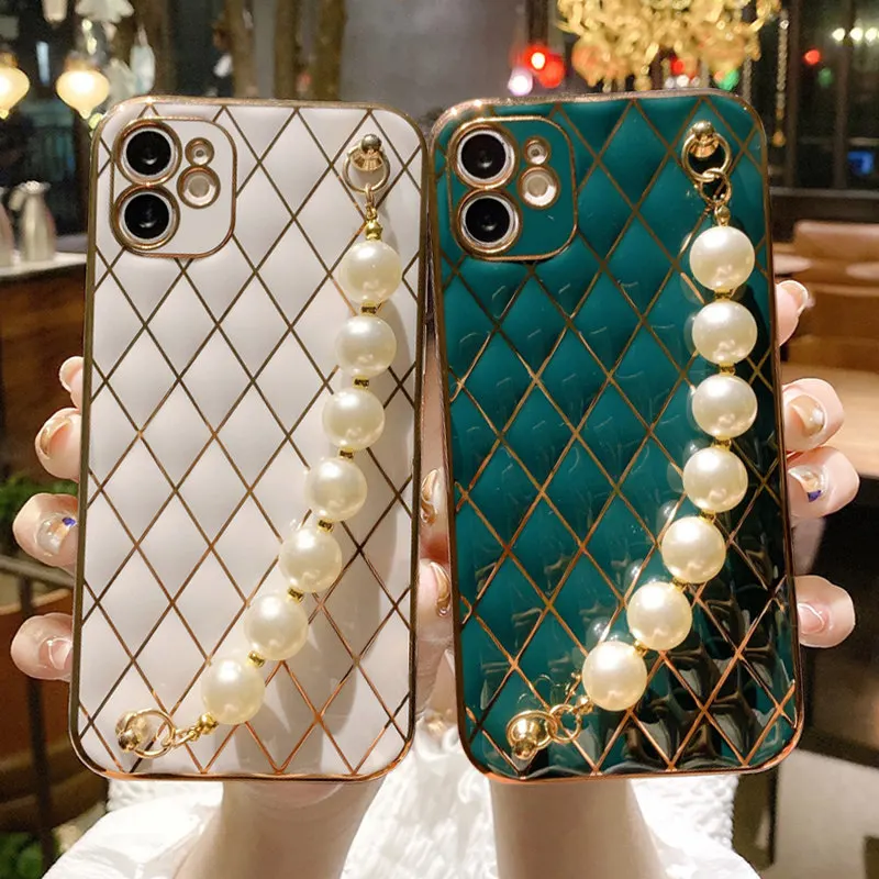 

Pearl Wrist Electroplated Phone Case For Huawei Mate 40 Pro 30 Pro Nova 7 8 Pro Camera Lens Protection Soft Bumper Back Covers