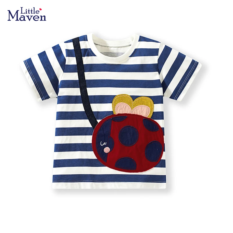 

Little maven 2023 New Tops Cute Tees Shirts Cartoon Beatles Striped Pattern Baby Girls Clothes for Children's Clothing Summer