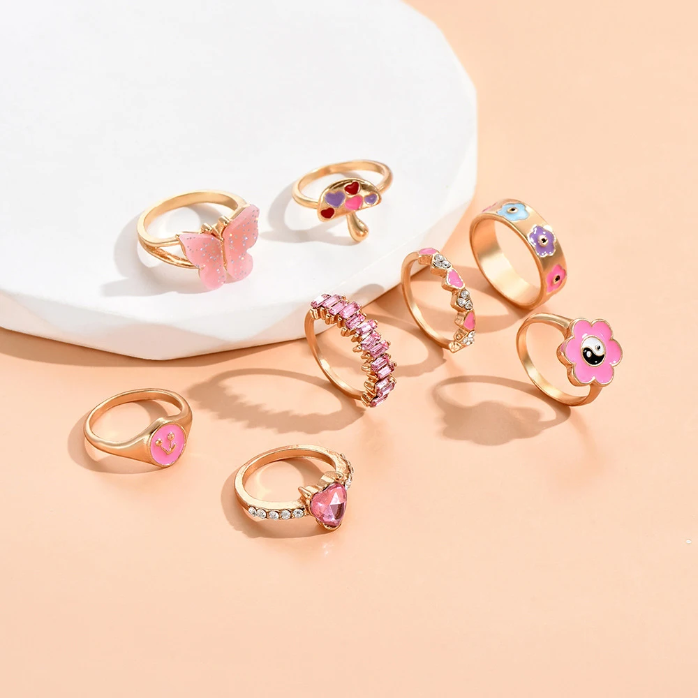 

2023 Rings For Women 8PCS Gold Color Cute Style Fashion Pink Flower Butterfly Rings For Girls Couple Ring Gifts Jewelry Sets