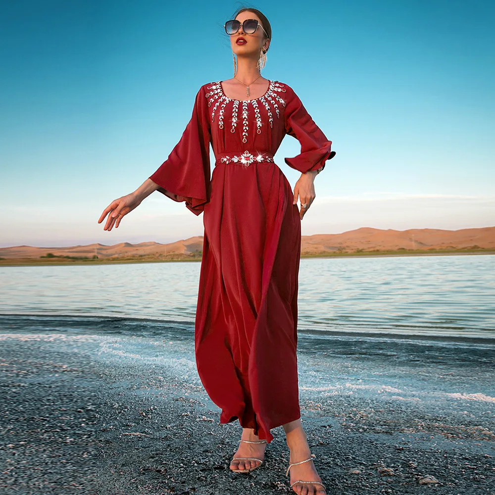 Women Dress with Belt Diamond Muslim Abaya Dubai Kaftan Islamic Clothing Evening Party Gown Caftan Marocain Djellaba Eid Ramadan