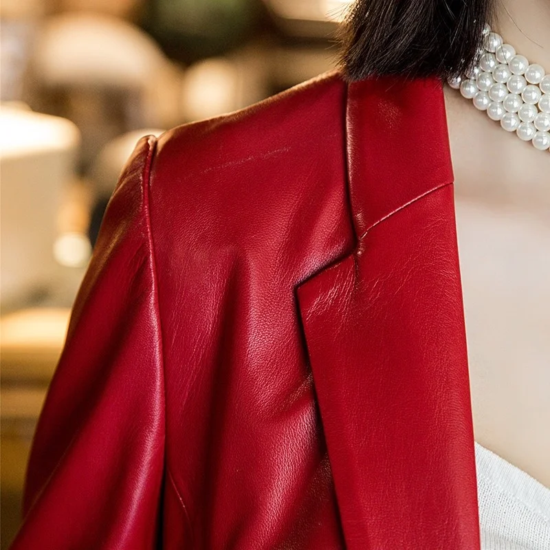 Женский пиджак из натуральной овечьей шкуры красный офисный 100% кожи короткая