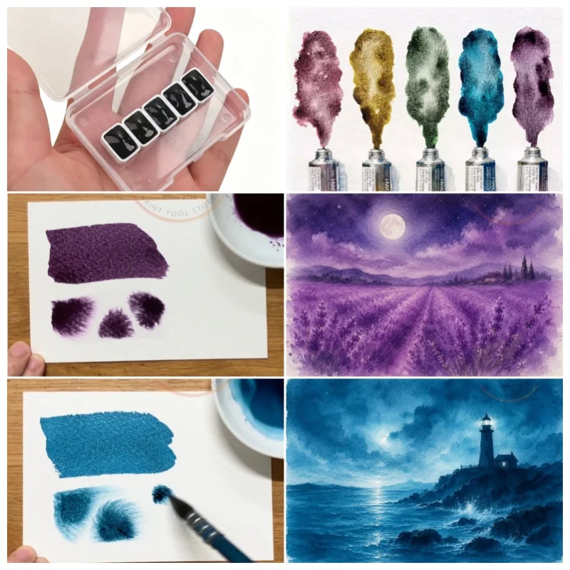 Фото Набор акварельных красок Holbein Artists Nightfall Precipitated Colors, 5 х 0,5 мл, ручная упаковка, твердые акварельные краски для рисования, художественные принадлежности №2