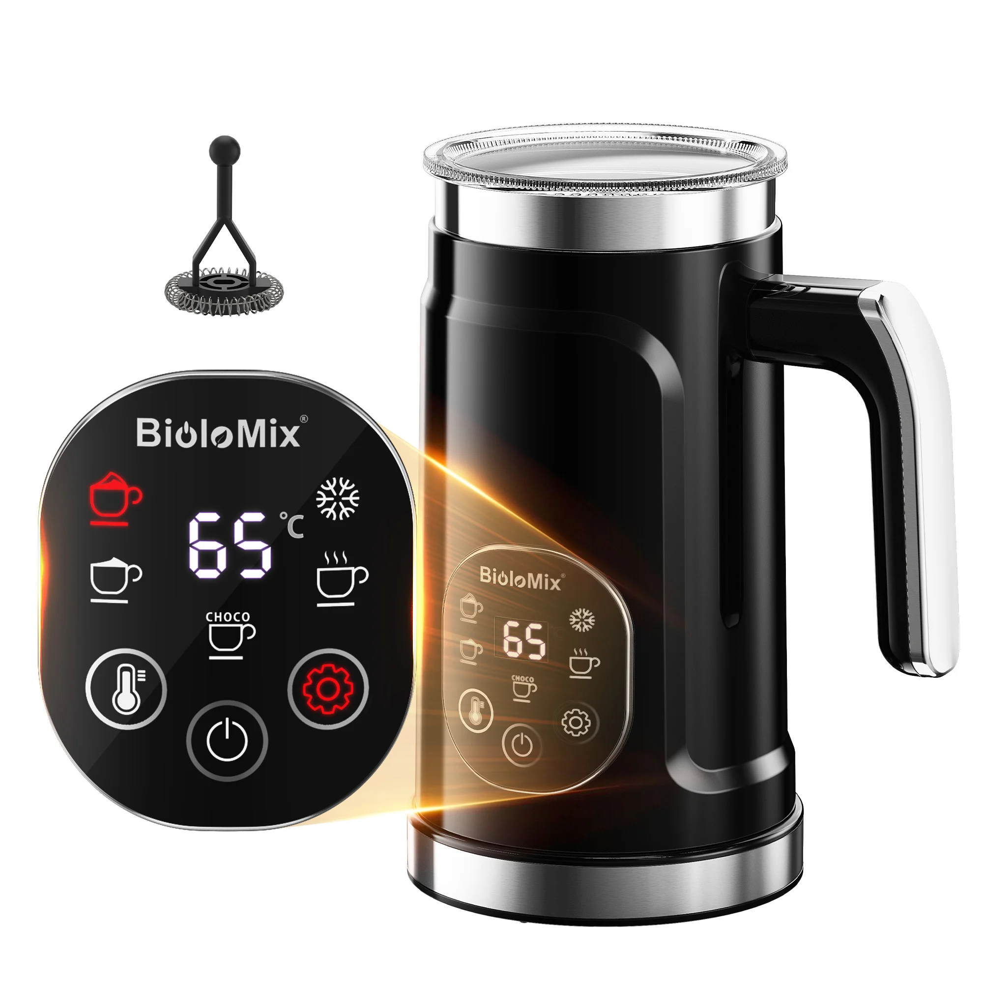 

BioloMix Модернизированный 5-в-1 светодиодный сенсорный экран вспениватель молока для латте, кофе, прибор для приготовления гарячей и холодной пены