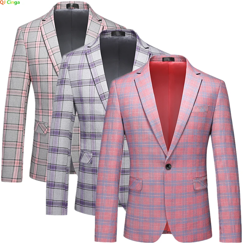 

Men's Striped Suit Jacket Fashion Slim Men Plaid Dress Coat Red Purple Pink Gray Blazers Big Size M-5XL 6XL Terno Masculino