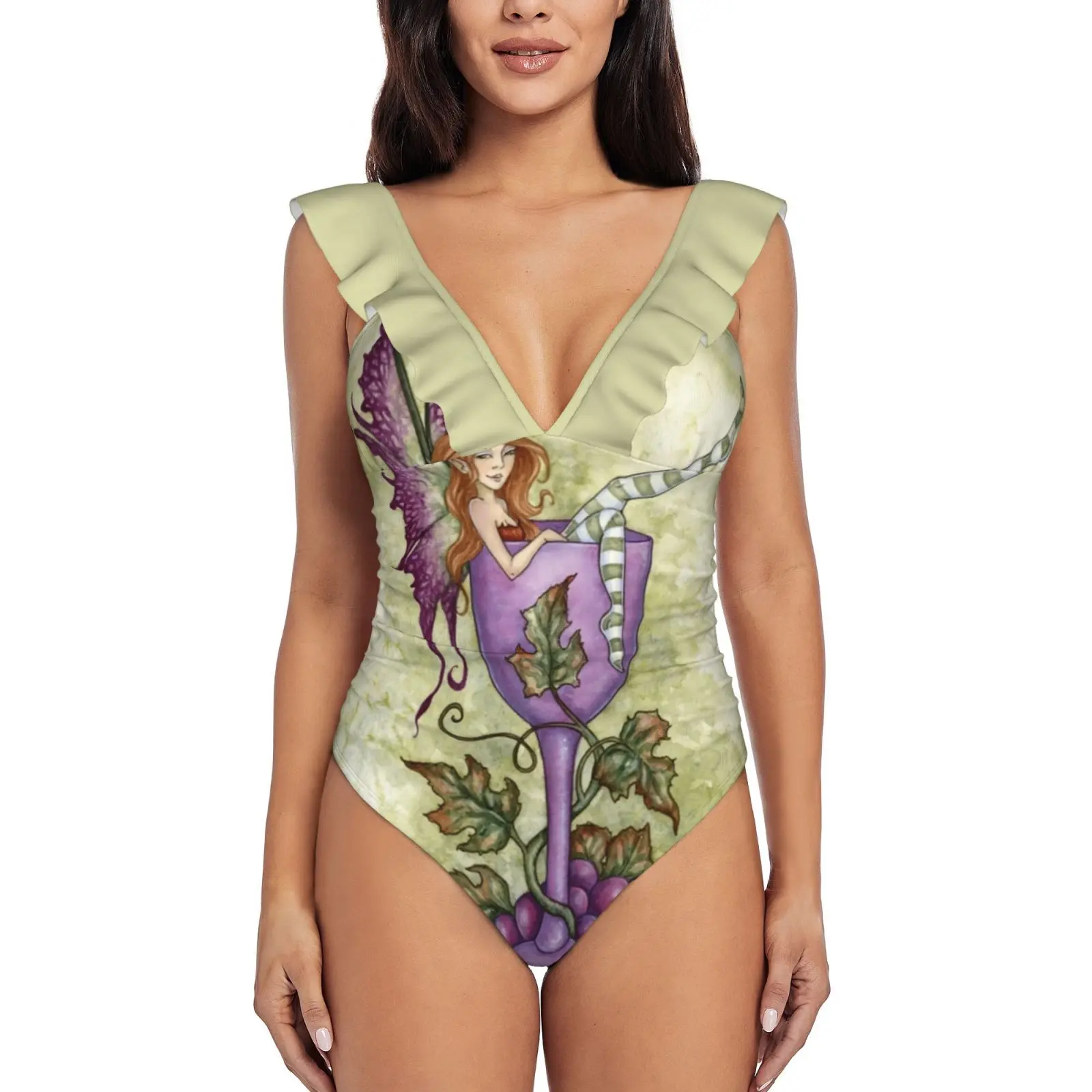

Женский слитный купальник с рюшами, пляжная одежда для девушек, сказочный Фэнтезийный Эми-коричневый, с виноградом