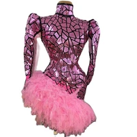 shining sequins pink mirror long sleeve feather dress asymmetrical plaid one piece irregular hem dress stage wear lady