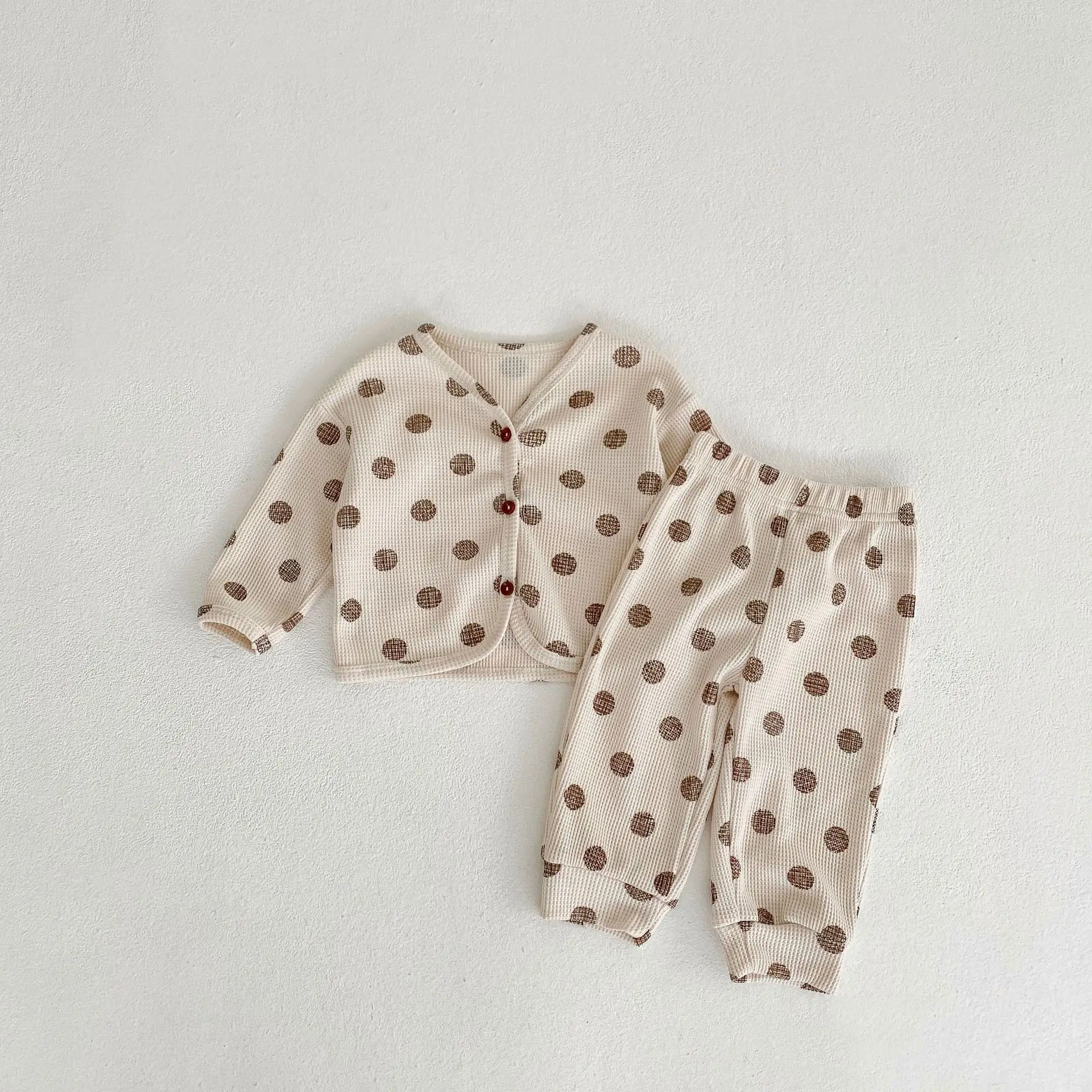2022 Autumn New Girl Children Waffle Dots Shirt Set Boy Baby Long Sleeve T-shirt+Pants 2pcs Home Suit Infant Cotton Tops Suits