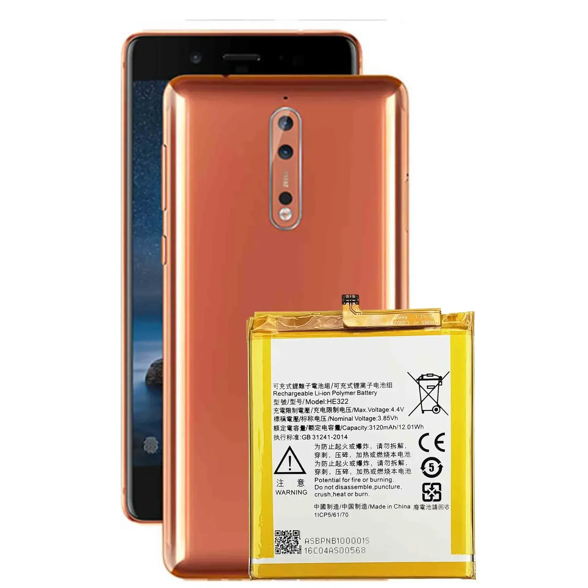 Фото Сменная батарея HE322 для Nokia 8, 3120 мАч, большая емкость, HE-322, высококачественная литиевая внутренняя батарея, новейшие модели. №1