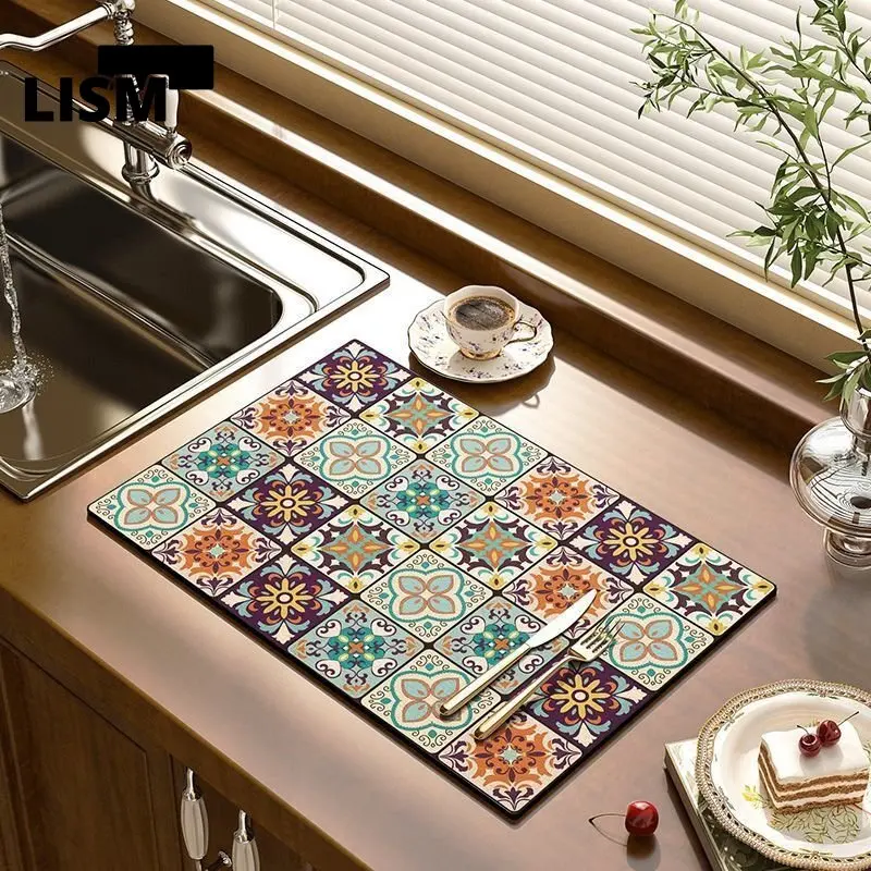

Diatom Mud Plaid Kitchen Drain Pad Bohemia Quickly Dry Coffee Bar Cup Mat Dish Drying Mat Tableware Pads Anti-slip Tablemats