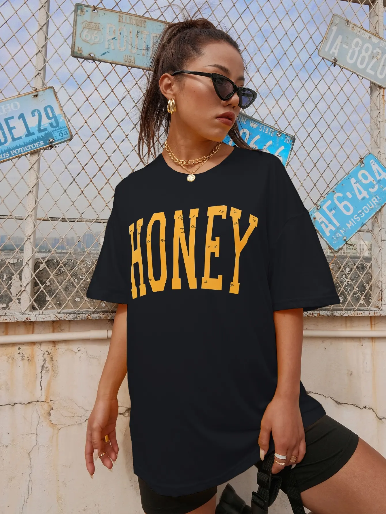 

Honey Letter Printed Womens Cotton T-Shirts Personality Street Aesthetic Tee Clothing Oversize Hip Hop Short Sleeve Woman Tops
